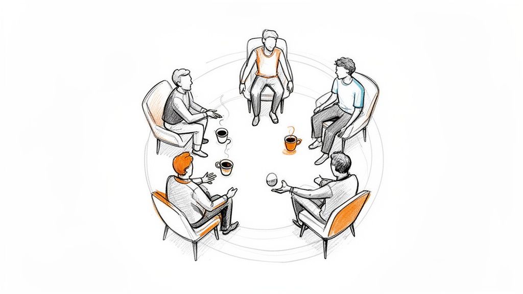 Sketch of five people in a circular support group meeting with coffee cups.
