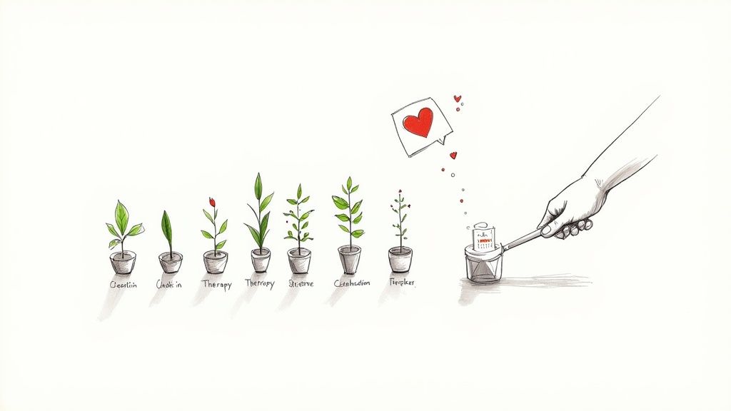 Illustration of plants growing, representing stages of a nurtured support system.
