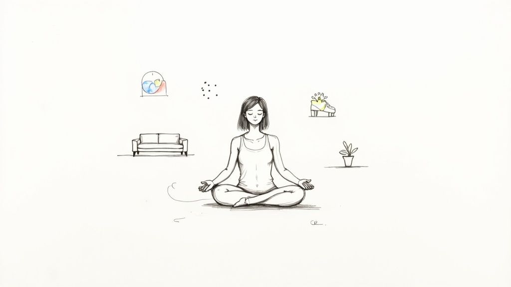 A person doing yoga peacefully on a mat at home, symbolizing self-care and finding calm amidst chaos.