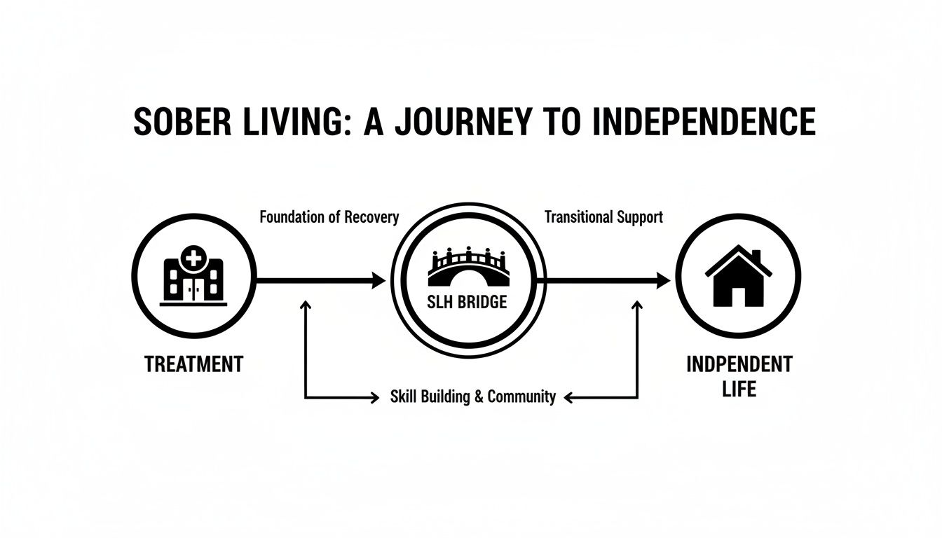 Diagram illustrating the journey from addiction treatment through sober living to independent life, emphasizing recovery and skill-building.