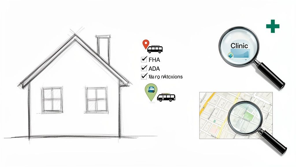 Illustration of a house, checklist with FHA/ADA, bus transport, and map search for a clinic.