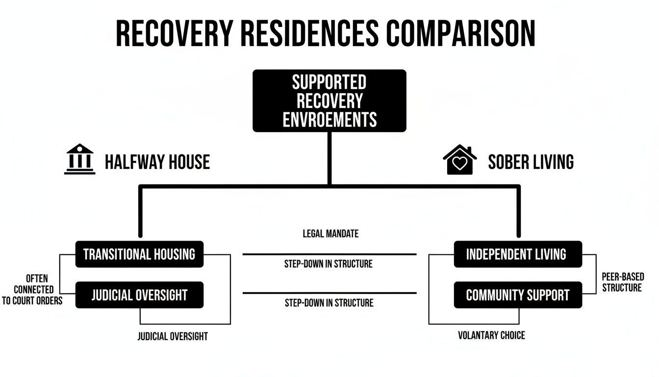 Comparison chart illustrating Halfway House and Sober Living as supported recovery environments, detailing their distinct characteristics and structures.