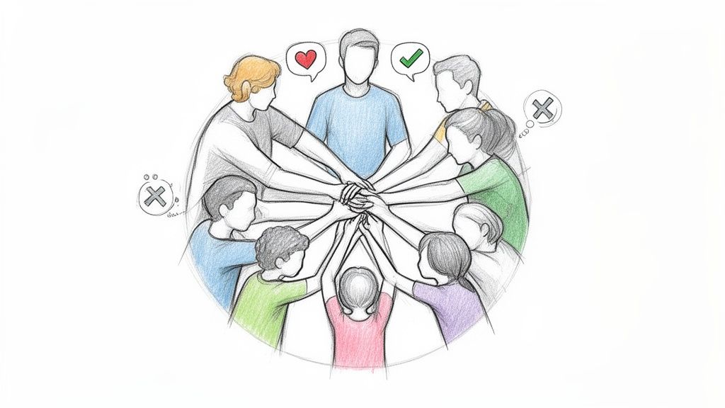 A diverse group of people, young and old, huddle together with hands stacked, showing unity and support.