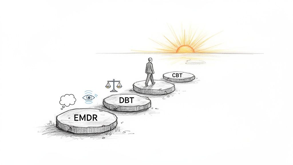 A person walks on stepping stones labeled EMDR, DBT, CBT towards a sunrise, symbolizing therapy and healing.