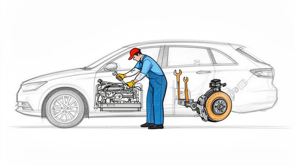 An illustration showing a mechanic working on a car engine and a detailed view of its brake system.