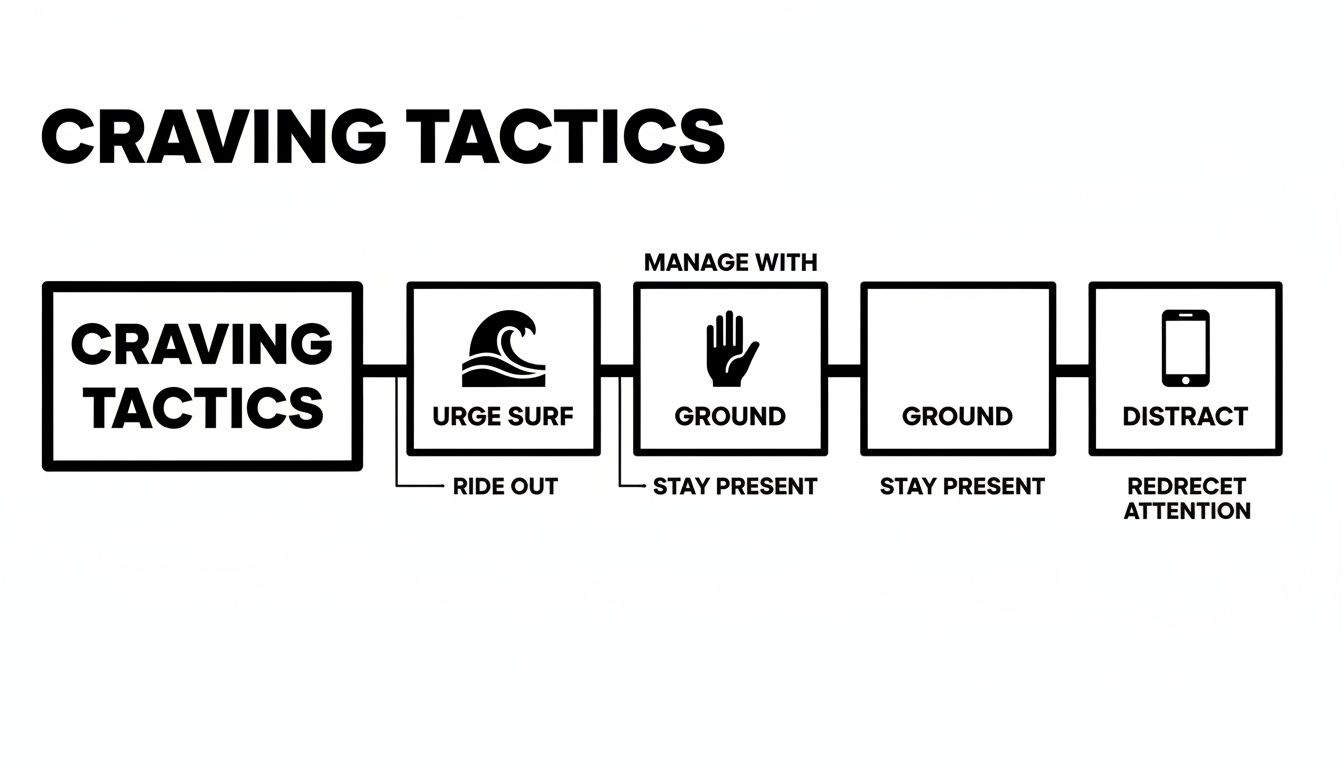 A flowchart illustrating craving tactics with steps like urge surf, ground, and distract to manage urges.