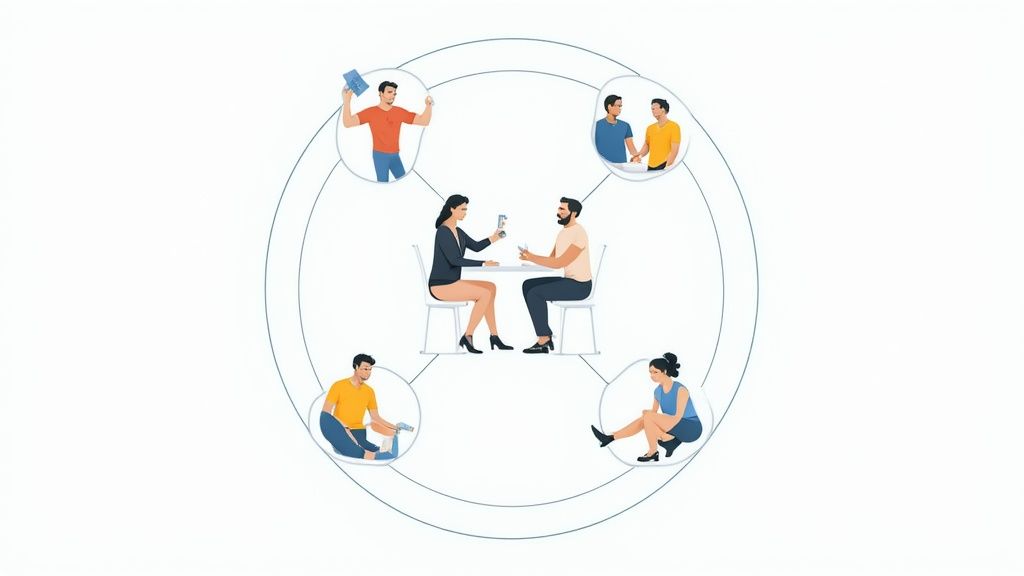 Illustration depicting various stages of addiction recovery, featuring individuals engaging in supportive conversations, therapy sessions, and self-reflection, emphasizing the community and step-down approach at Altura Recovery.