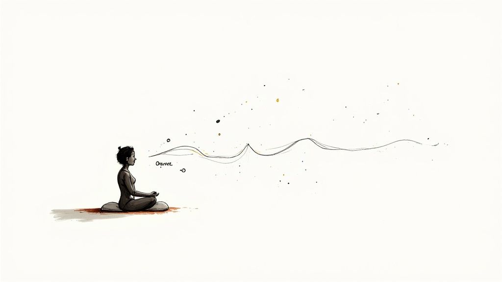 A serene illustration of a person meditating, with wavy lines and golden specks representing calm energy.