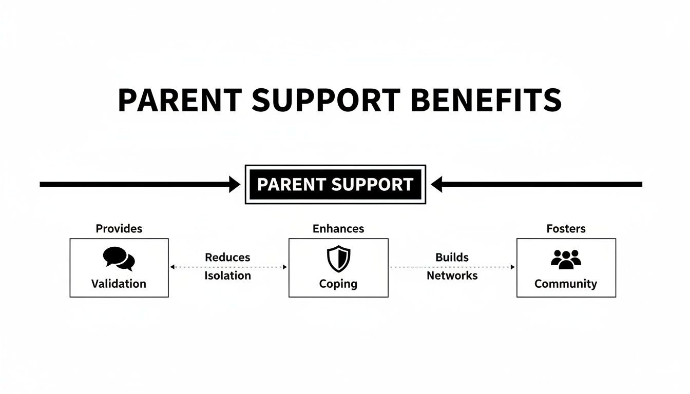 A diagram detailing the benefits of parent support, leading to validation, coping, and community.