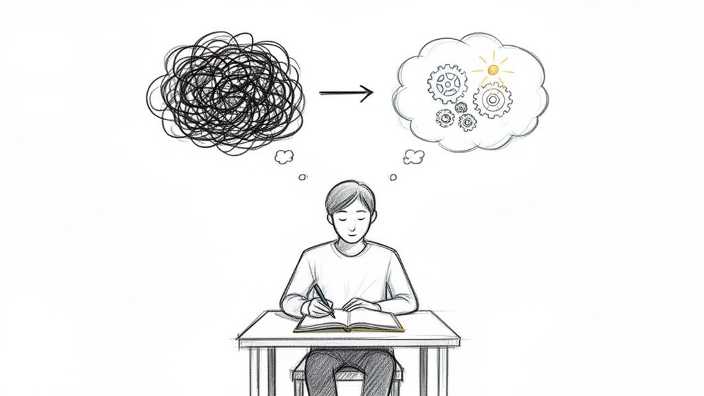 A person writing transforms chaotic thoughts into clear, organized ideas with a bright insight.