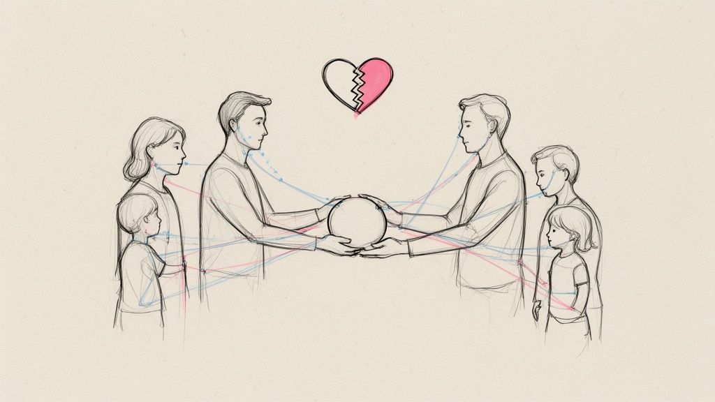 Sketch of two men, a broken heart above, and connected families with emotional lines and a shared sphere.