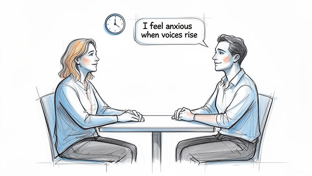 Two individuals, a man and a woman, seated at a table, engaging in an emotional conversation with a clock visible.