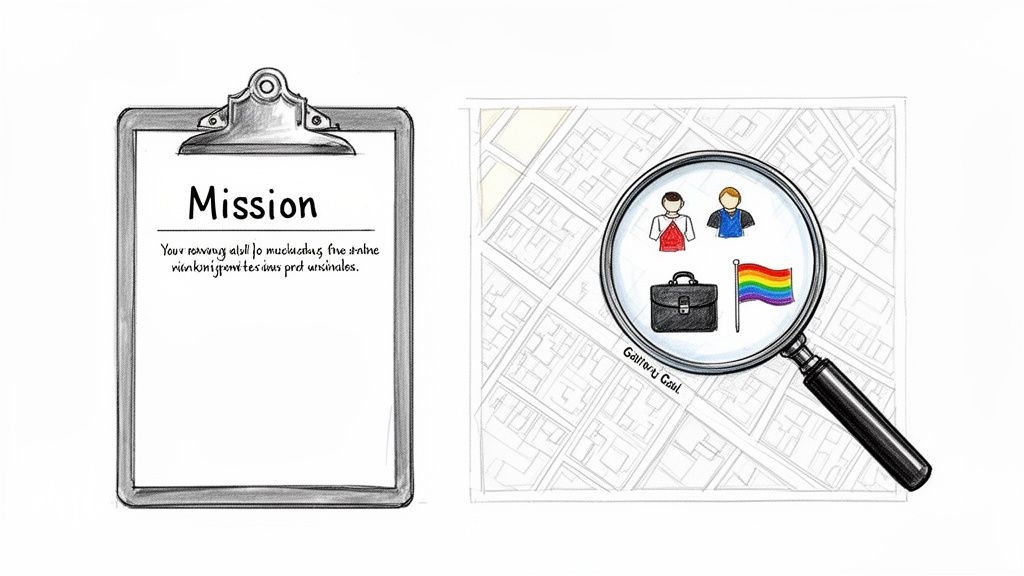 A clipboard with a 'Mission' statement next to a magnifying glass revealing diverse people, a briefcase, and a rainbow flag on a map.