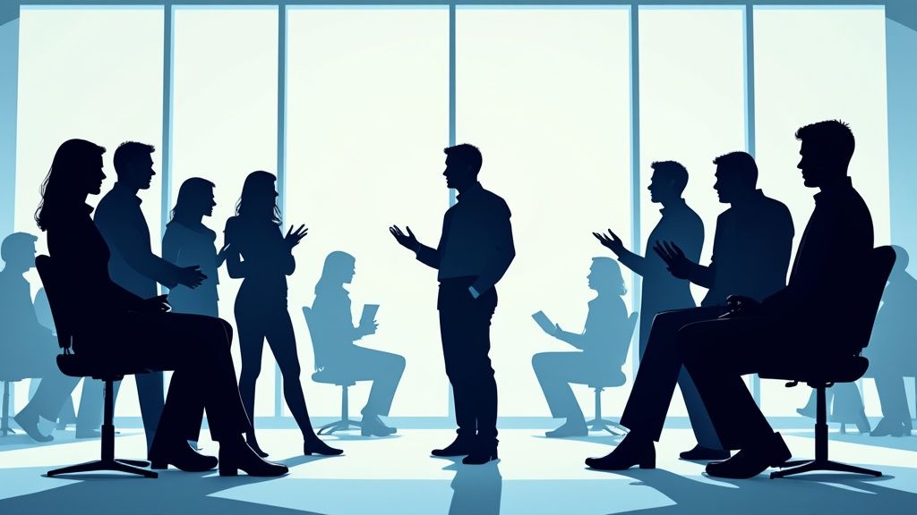 Silhouettes of individuals in a group therapy session, engaging in discussion and support, symbolizing the collaborative environment of an Intensive Outpatient Program (IOP) for mental health and substance use recovery.