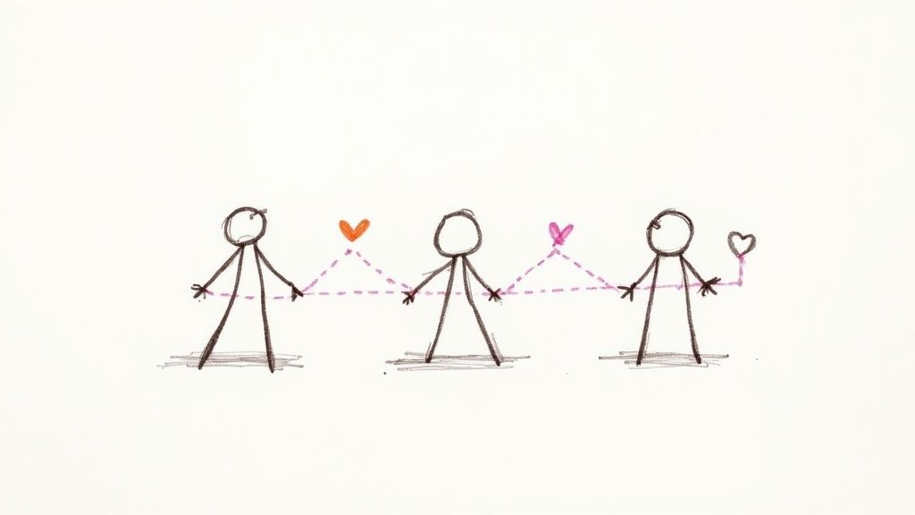 Three stick figures holding hands with hearts above representing group therapy connection and support
