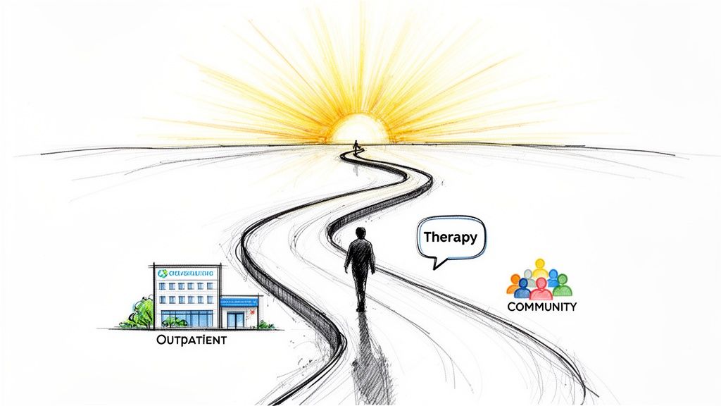 A person walks a winding road toward a bright horizon, passing 'Outpatient', 'Therapy', and 'Community' along the way.
