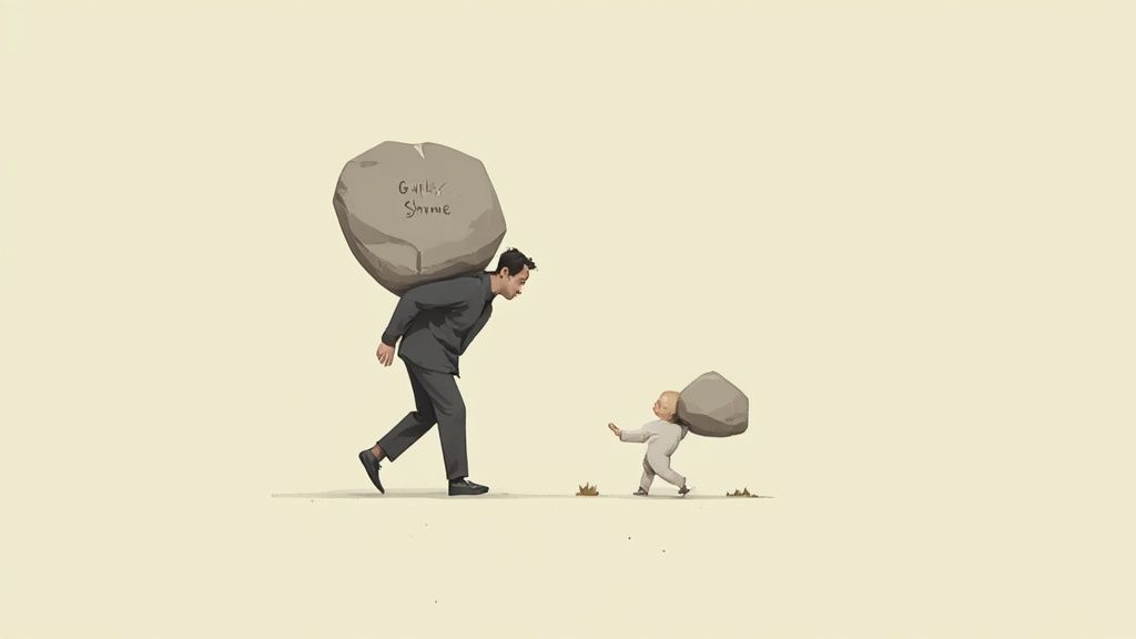 A person sitting alone, head in hands, symbolizing the emotional weight of guilt and shame.