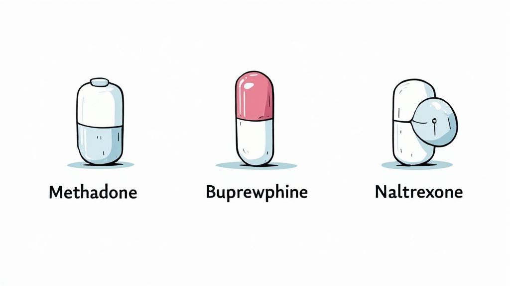 Illustration of three medications: Methadone, Buprenorphine, and Naltrexone, representing components of Medication Assisted Treatment (MAT) for addiction recovery.