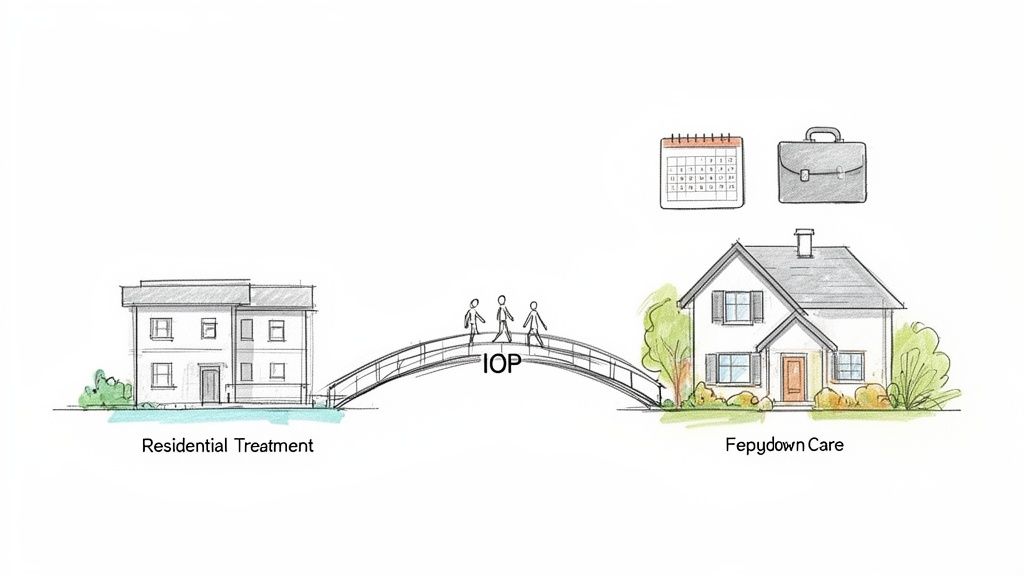 An illustration showing a pathway from Residential Treatment, across an IOP bridge, to Fepydown Care with a calendar and briefcase.