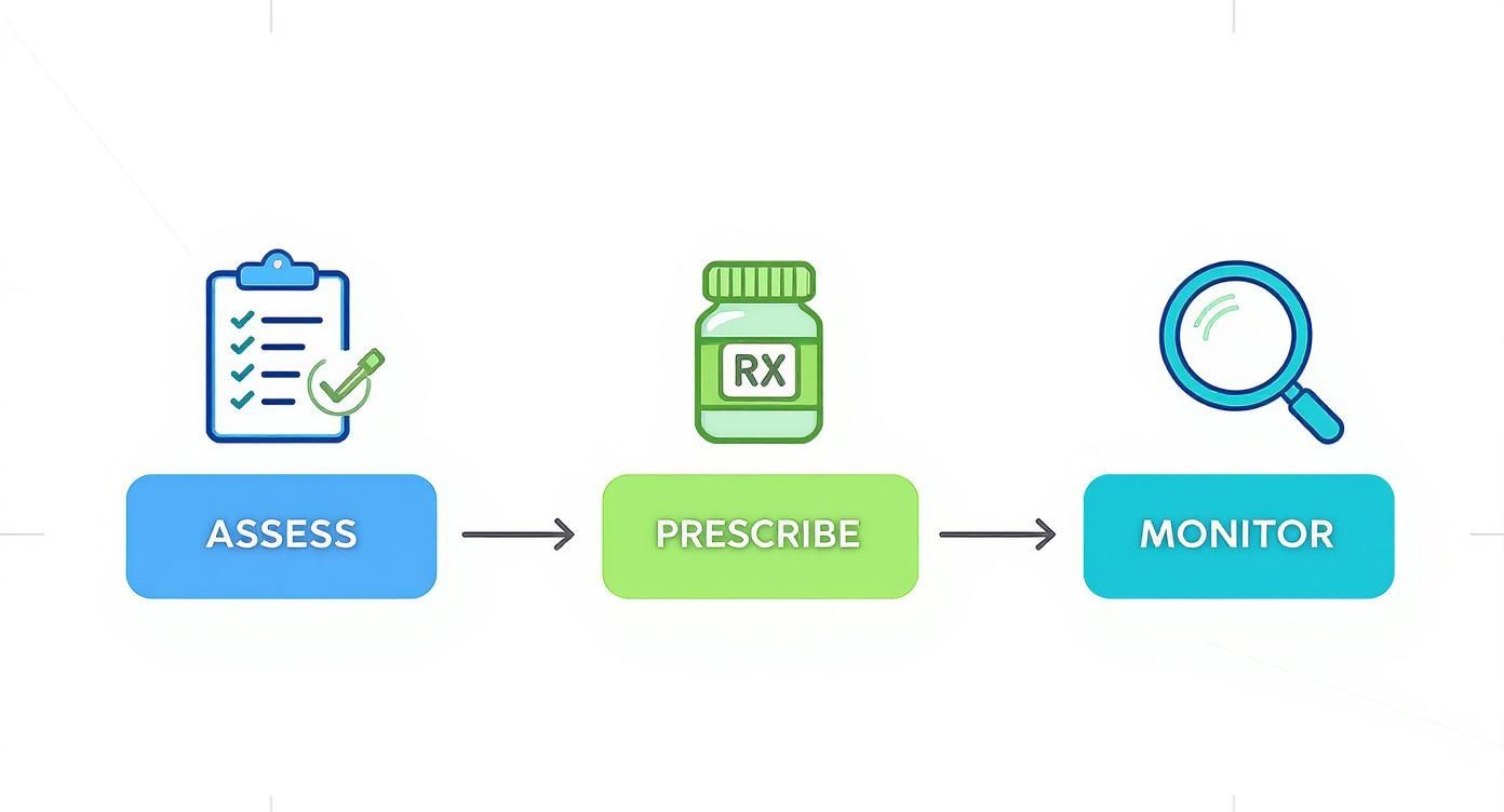A diagram illustrating the medication management process with three steps: Assess, Prescribe, and Monitor.
