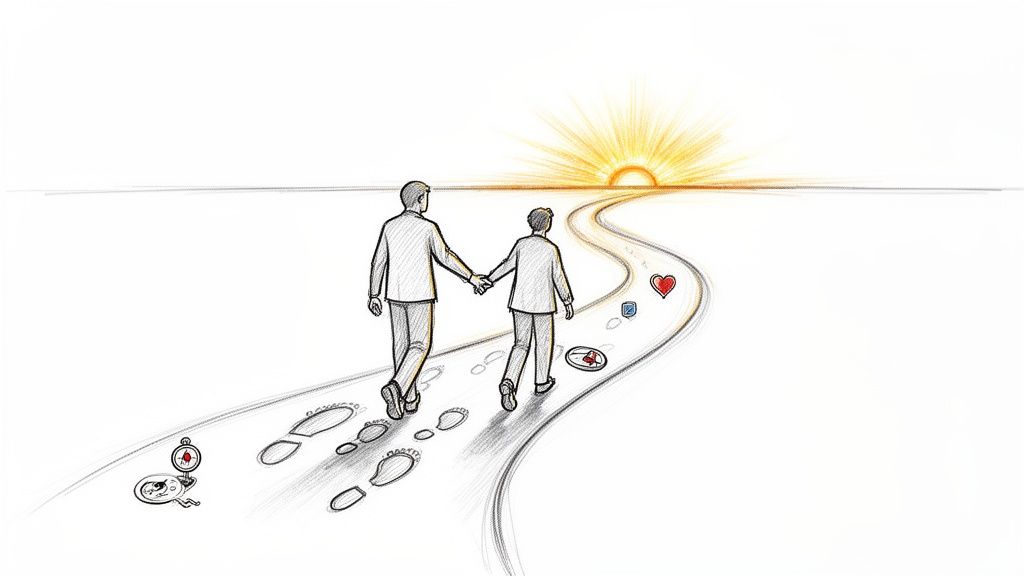 A sketch of a couple holding hands, walking a winding path with life's milestones towards a rising sun.
