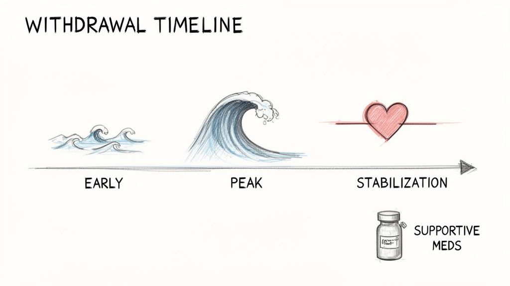 A visual timeline depicting three stages of withdrawal: early (small waves), peak (large wave), and stabilization (heart symbol with supportive medications).