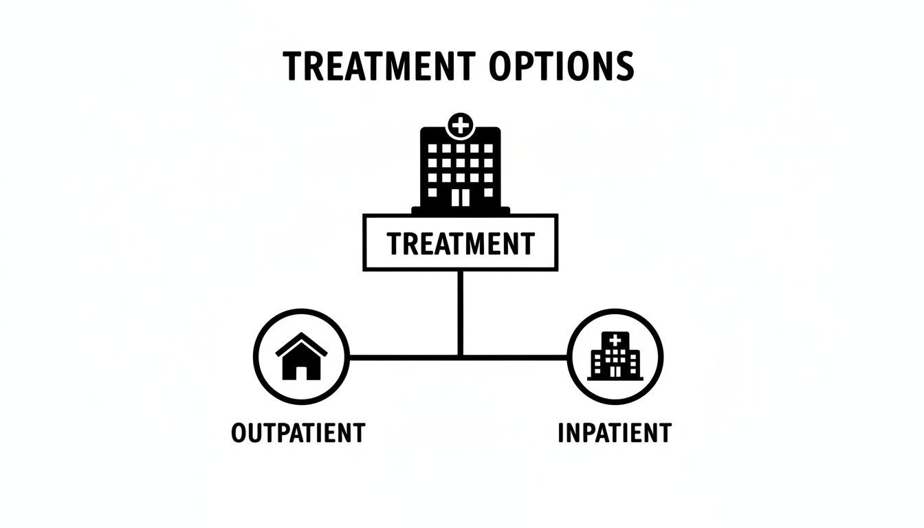 Diagram illustrating treatment options: outpatient care (home) and inpatient care (hospital).