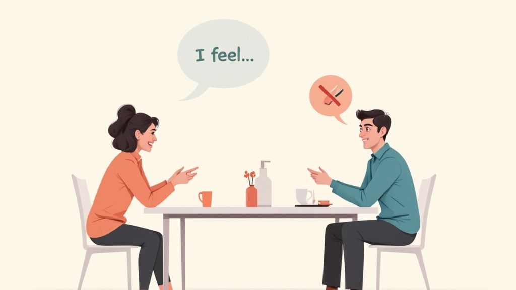 A couple having a serious, non-confrontational conversation at a kitchen table, illustrating effective communication.