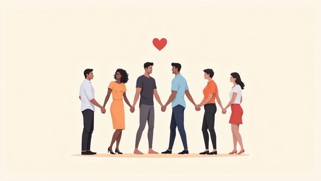 A group of people in a supportive therapy session, sitting in a circle and talking.