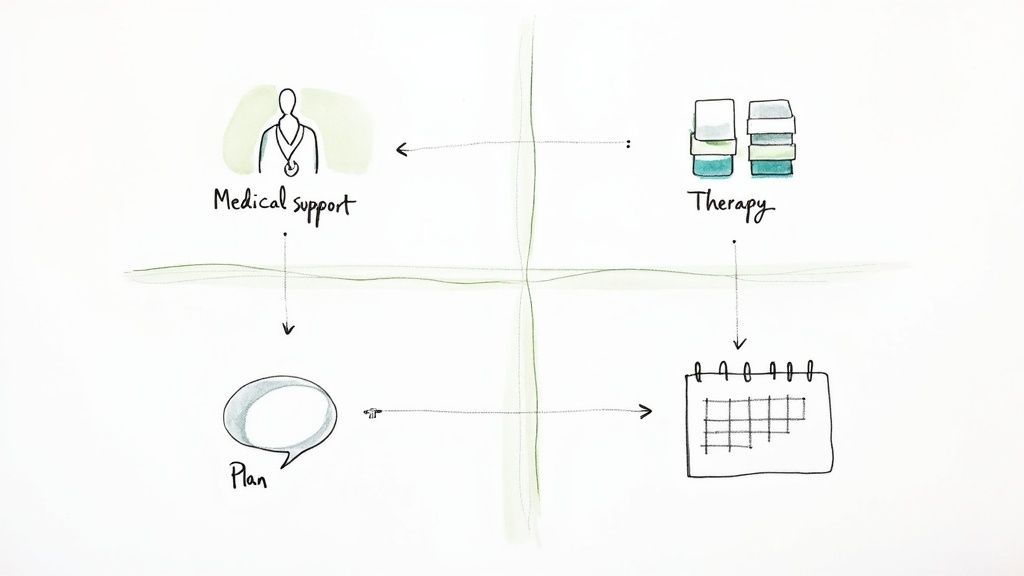A hand-drawn diagram illustrating the flow of medical support, therapy, planning, and scheduling.