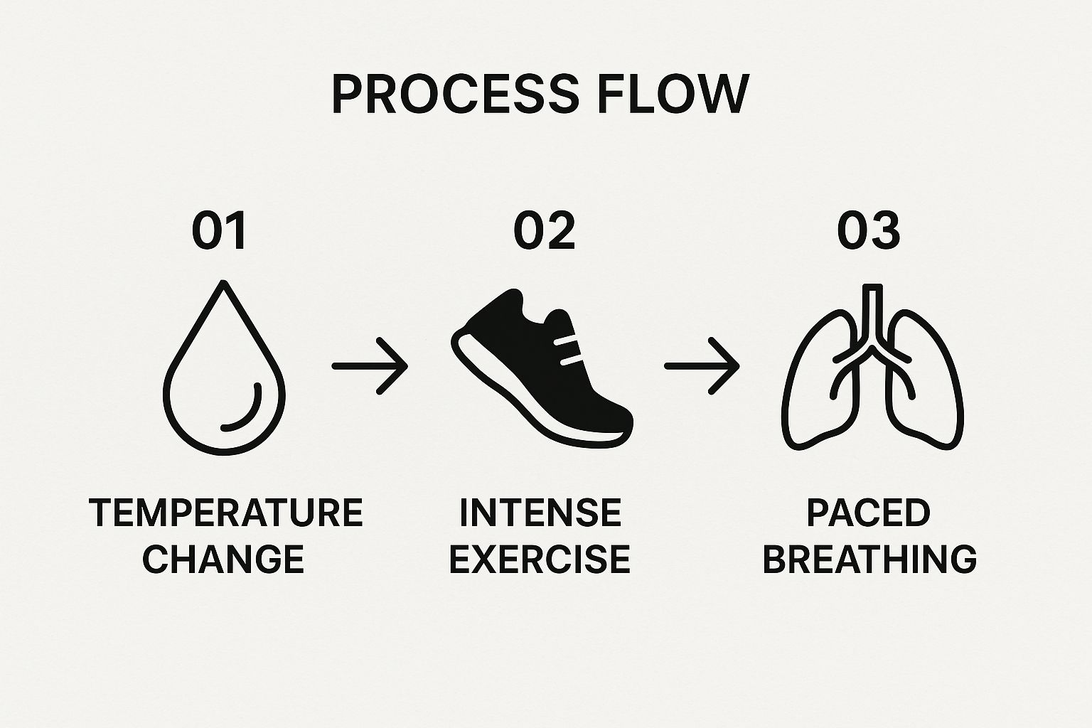 Infographic showing the three key steps of the TIPP Technique: Temperature change, Intense exercise, and Paced breathing.
