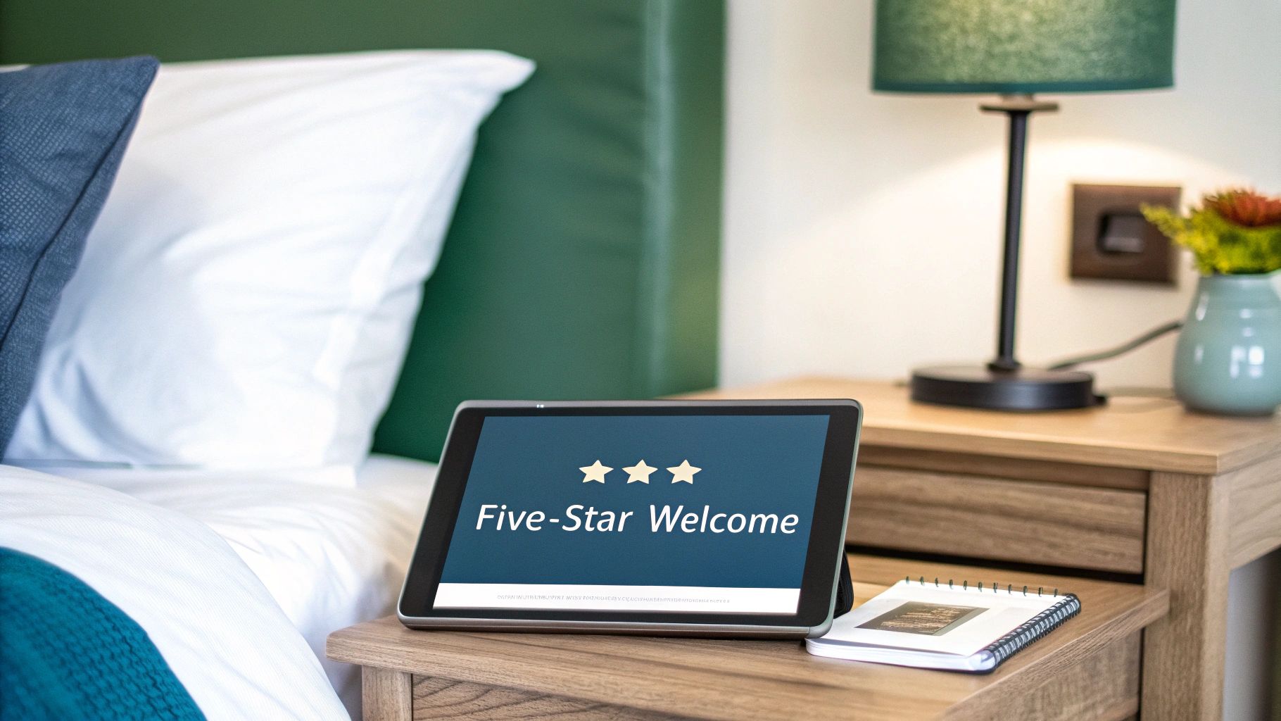 A tablet displaying 'Five-Star Welcome' and stars on a bedside table in a cozy hotel room.