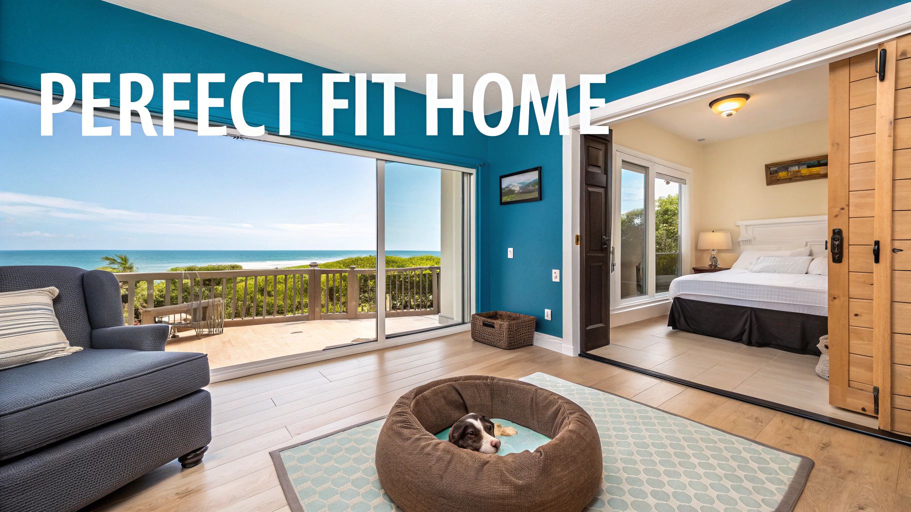 A cozy, teal-walled room with ocean views from a balcony, featuring a puppy in a bed and an adjacent bedroom.