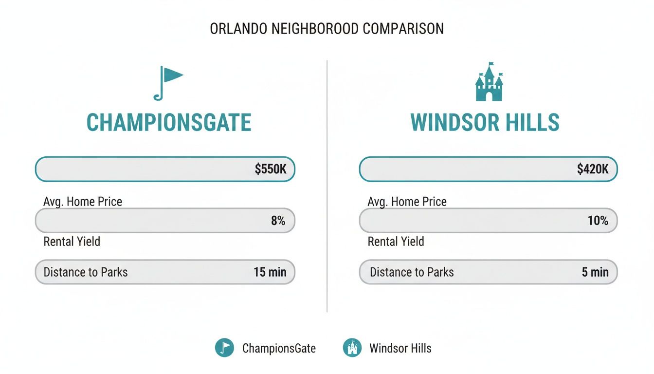 Comparison of Orlando neighborhoods ChampionsGate and Windsor Hills, detailing average home prices, rental yields, and park distances.