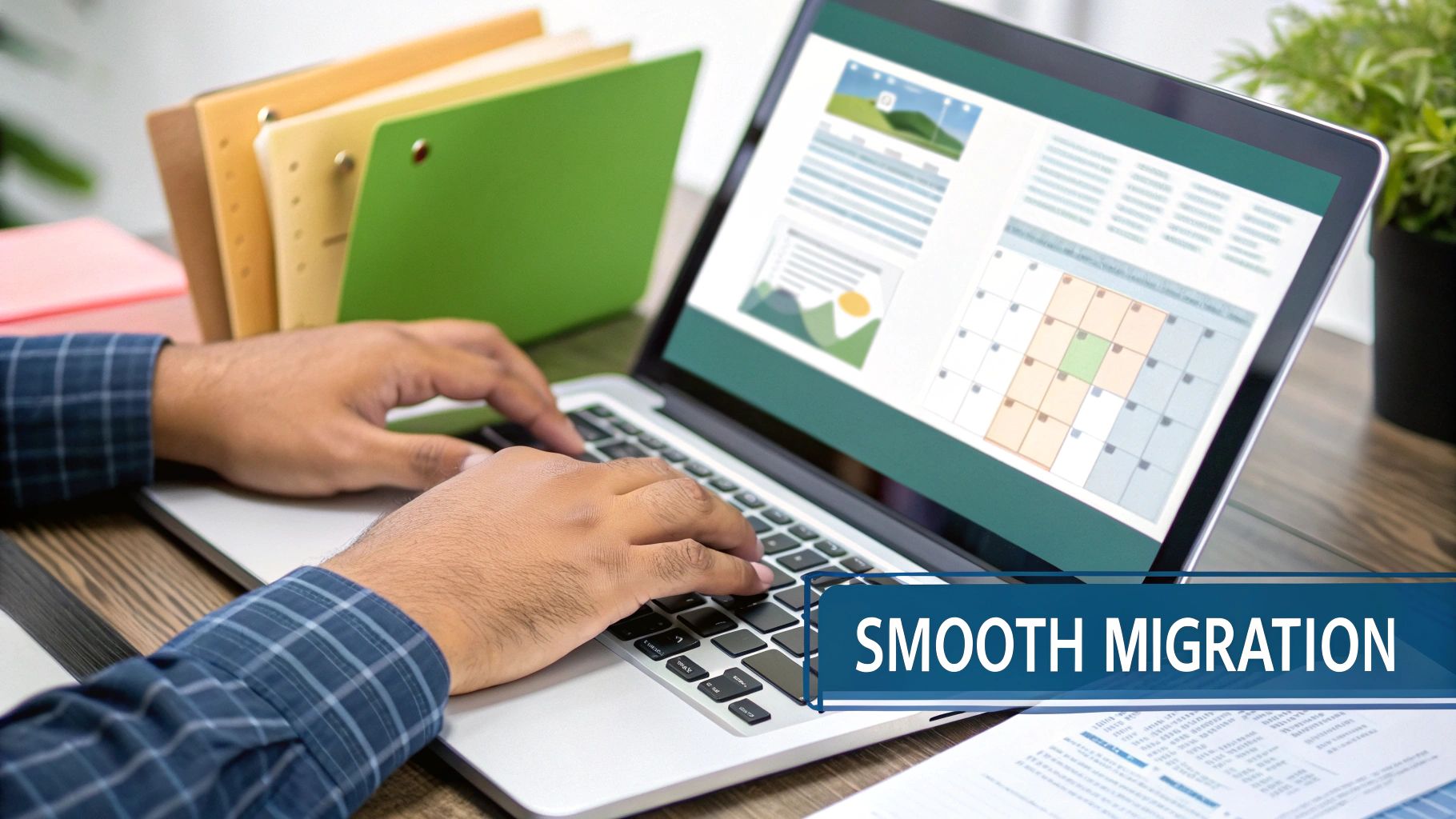 A person typing on a laptop displaying data, charts, and a calendar, with a 'Smooth Migration' overlay.