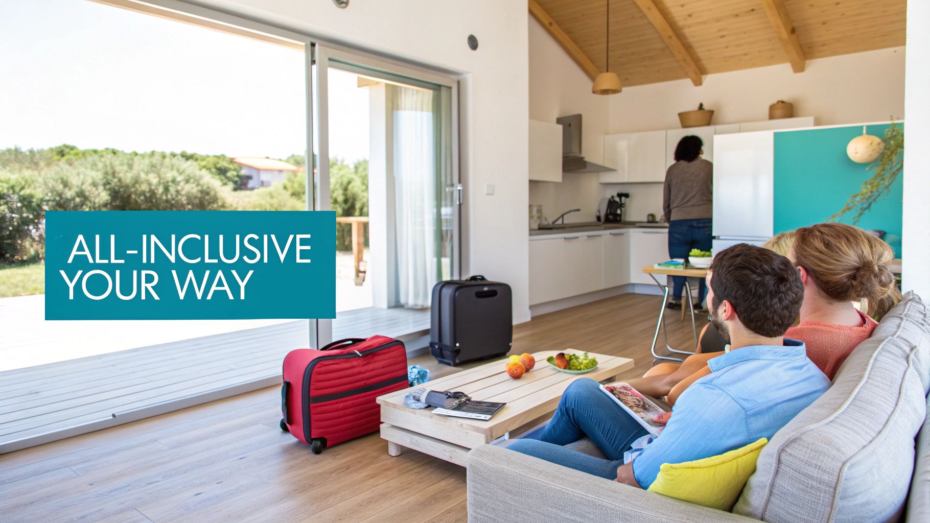 People relaxing in a modern vacation rental living room with suitcases, featuring "ALL-INCLUSIVE YOUR WAY" text.