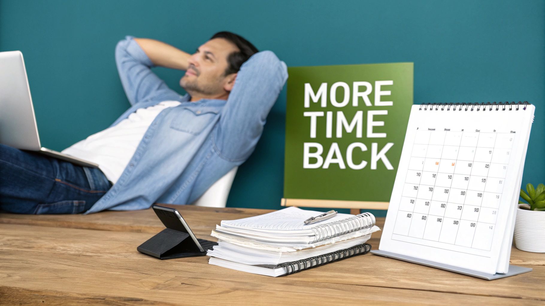 A man relaxing with a laptop on his lap, a desk calendar, and a 'More Time Back' sign.