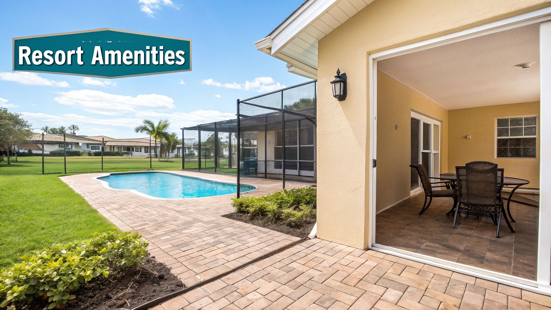 A house featuring resort amenities with a covered patio, outdoor dining, and a private swimming pool.