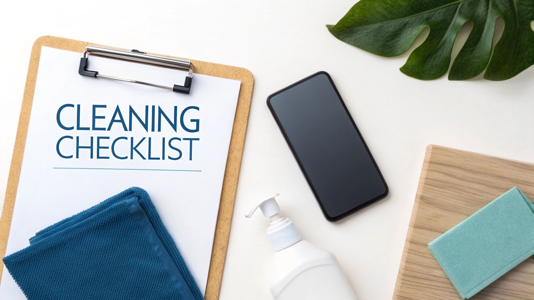 A flat lay of cleaning supplies including a checklist, cloths, soap bottle, and smartphone on a white surface.
