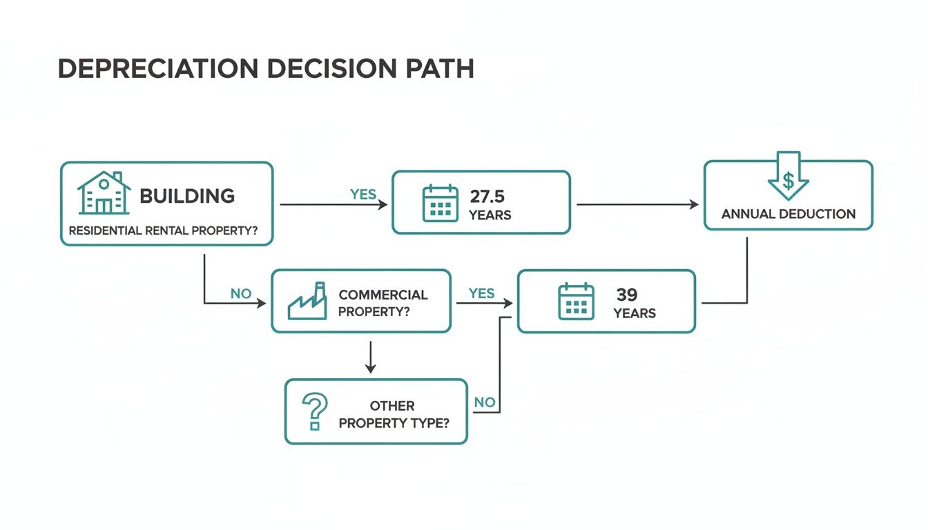Flowchart illustrating the depreciation decision path for residential rental and commercial properties, leading to annual deductions.
