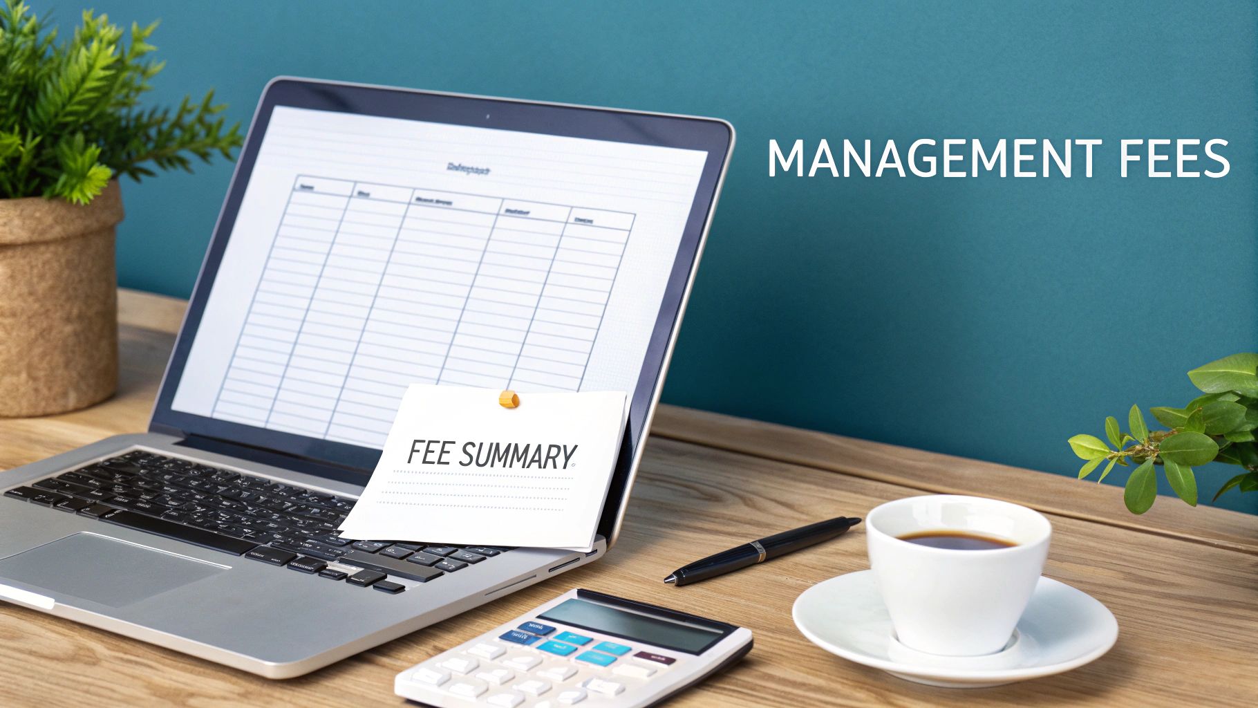 Desk with laptop showing financial document, 'FEE SUMMARY' note, calculator, and 'MANAGEMENT FEES' text.