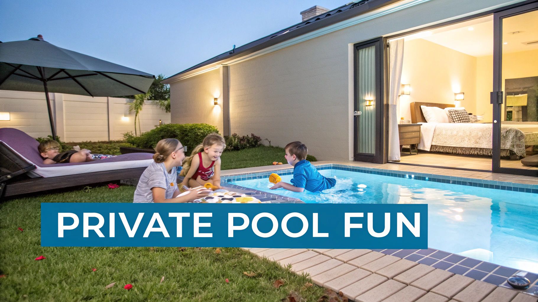 Children having fun in a private backyard pool at dusk, with an adjacent bedroom visible.