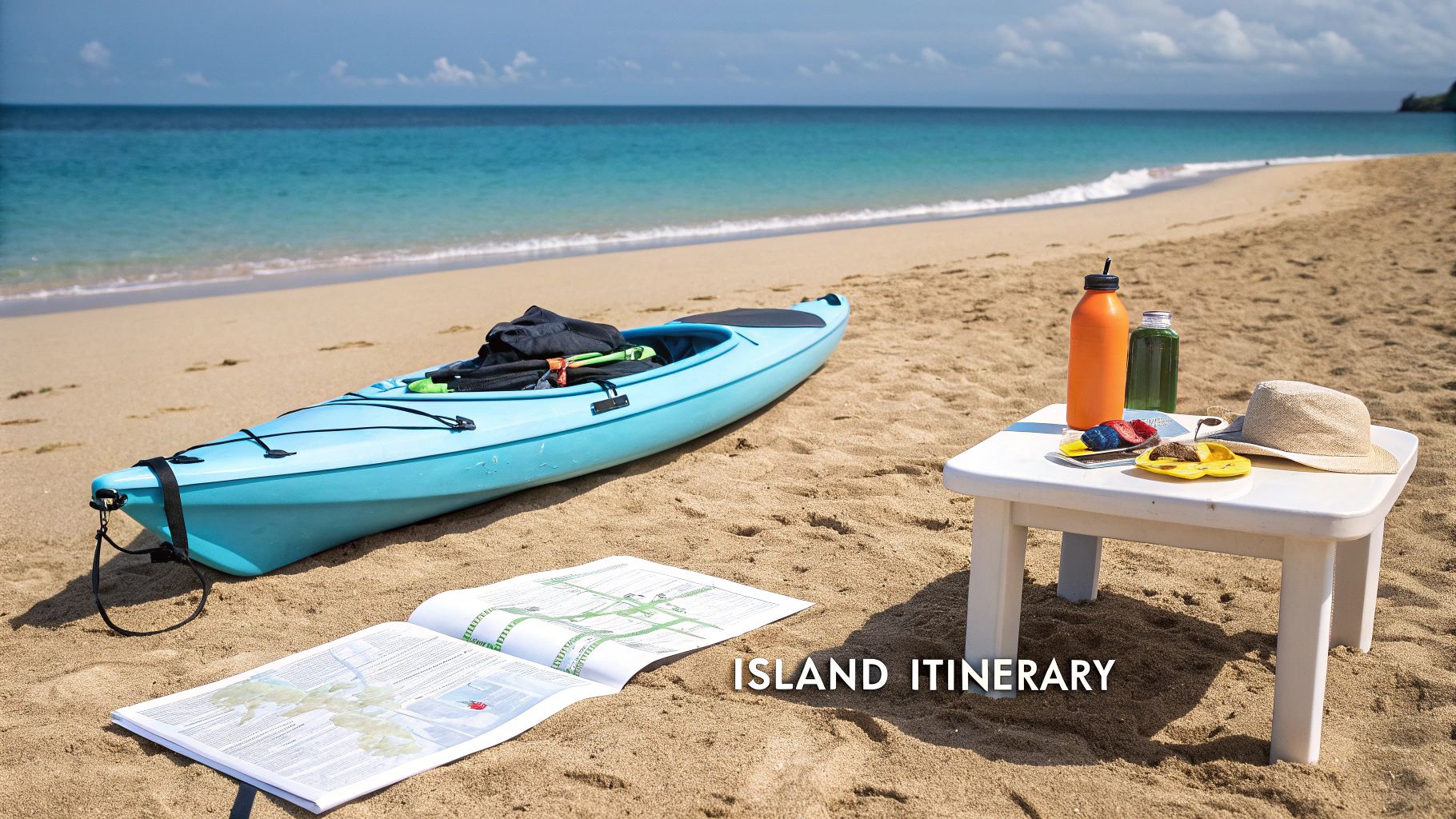 A blue kayak, open map, and a white table with refreshments on a sandy beach, hinting at an island itinerary.