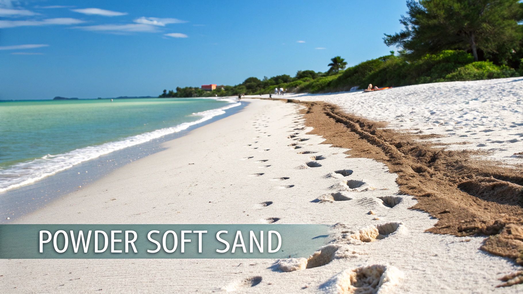 A sunny beach scene with powder soft white sand, turquoise water, and footprints leading into the distance.