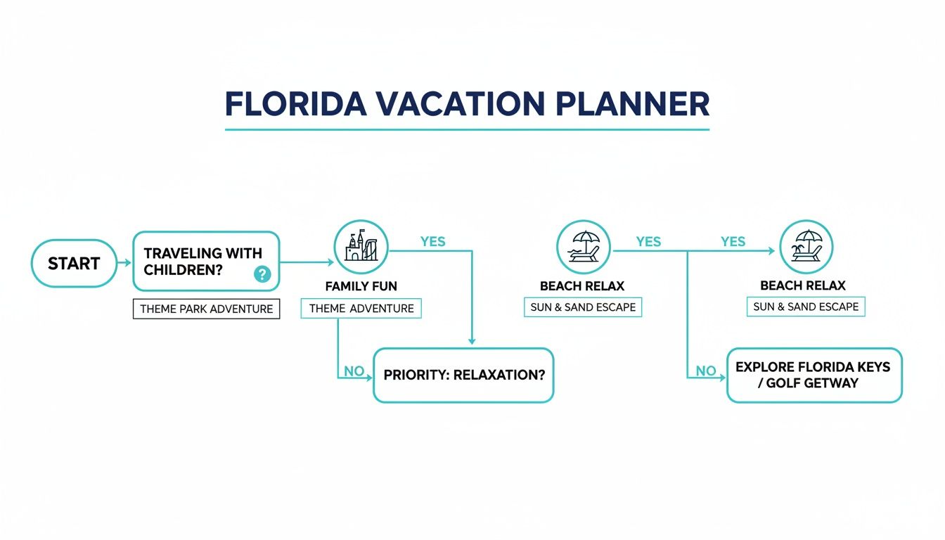 Florida vacation planner flowchart detailing options for families, theme parks, beach relaxation, and golf getaways.