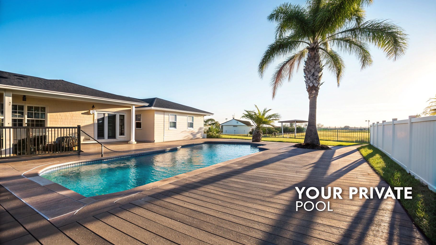 A beautiful house with a private swimming pool, spacious wooden deck, palm trees, and a clear blue sky.