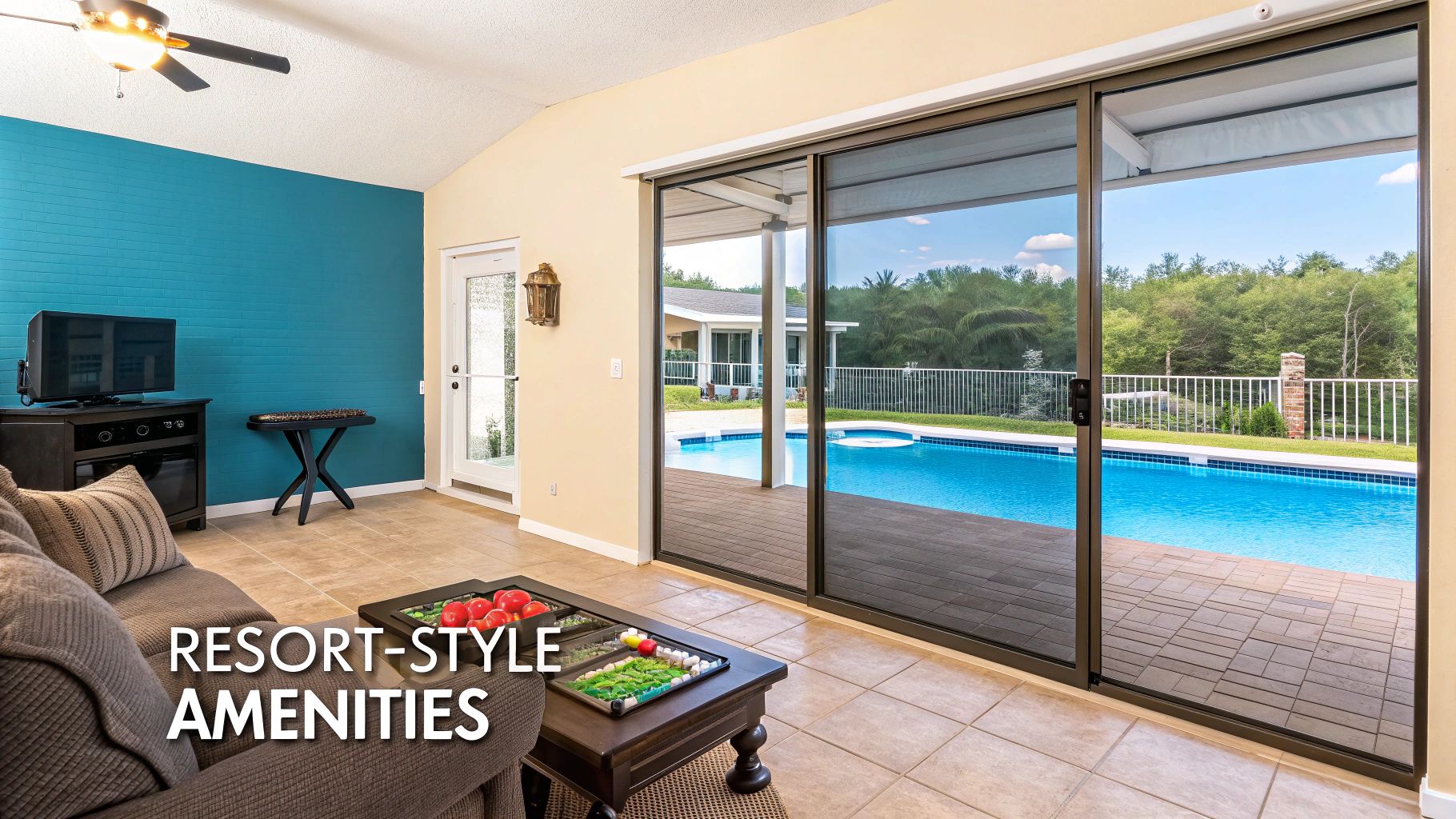 A bright living room with a teal wall, opening to a resort-style pool and lush outdoor area.