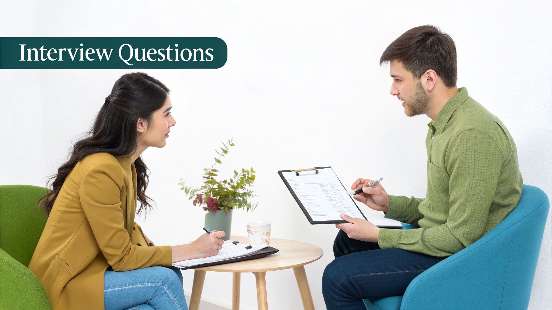 Two people engaged in an interview, both holding clipboards and pens, with 'Interview Questions' text.