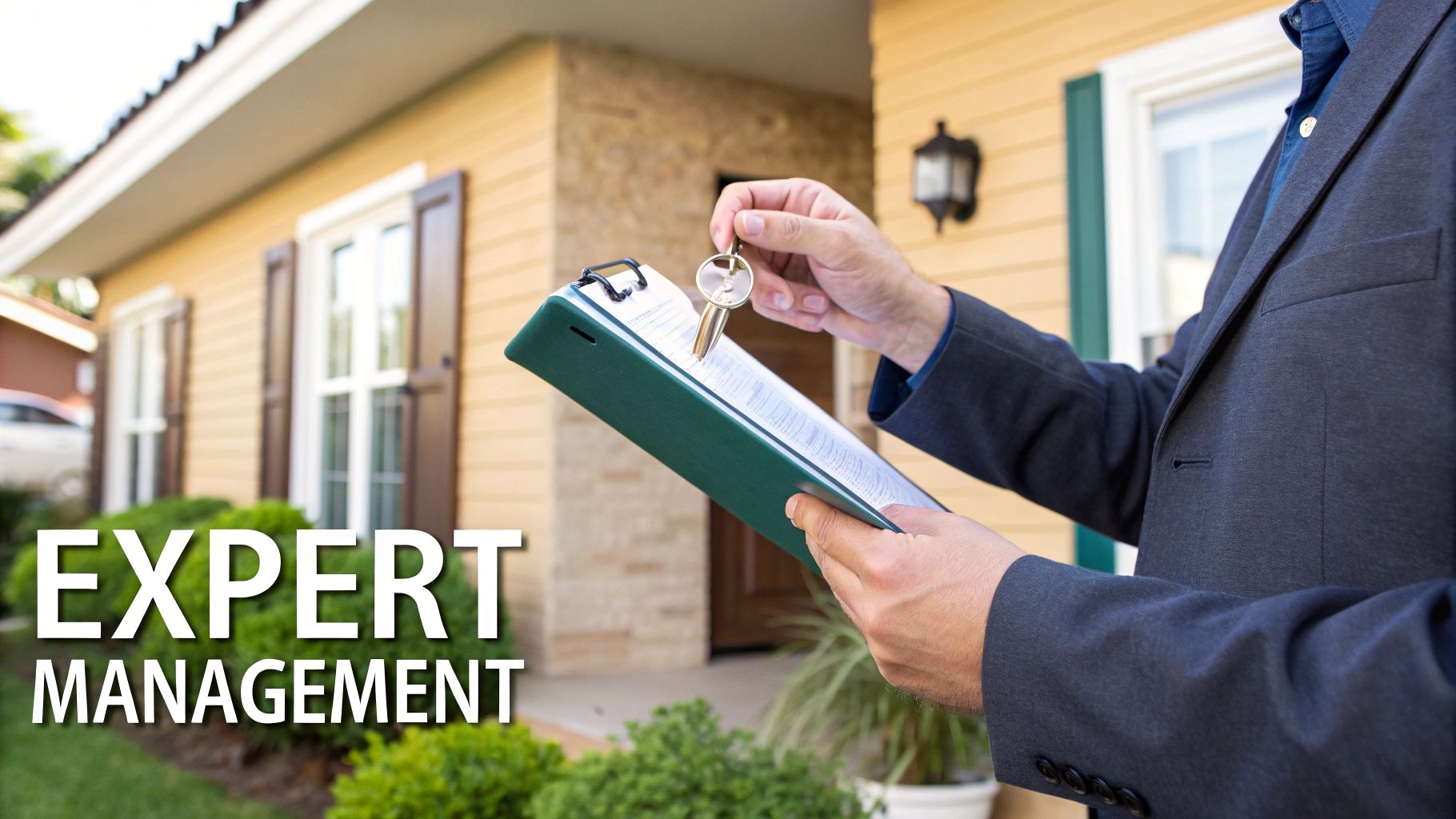 A real estate agent holding a clipboard and house key in front of a yellow house.