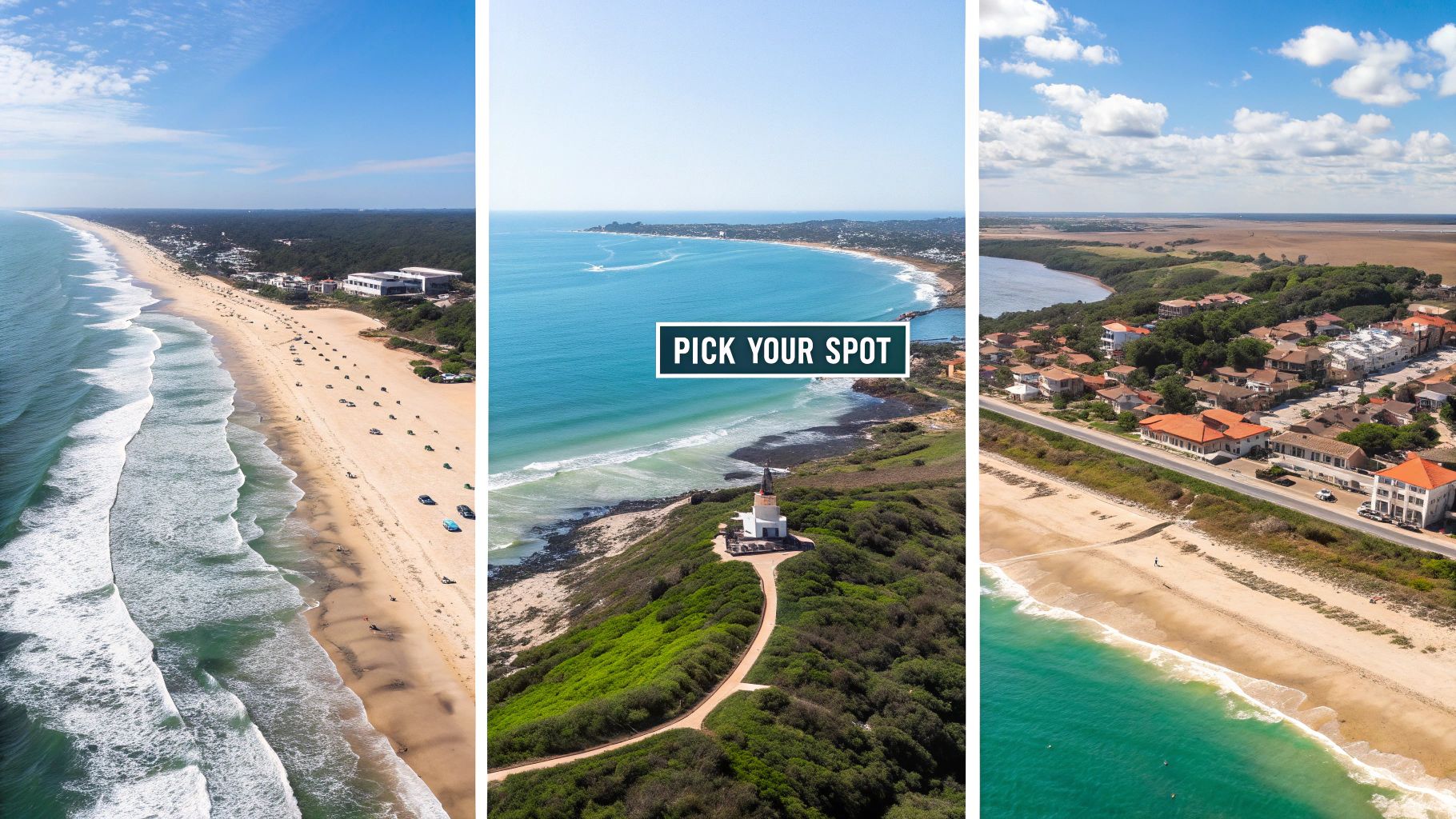 Three aerial views of diverse coastal landscapes featuring sandy beaches, ocean waves, charming towns, and a lighthouse.